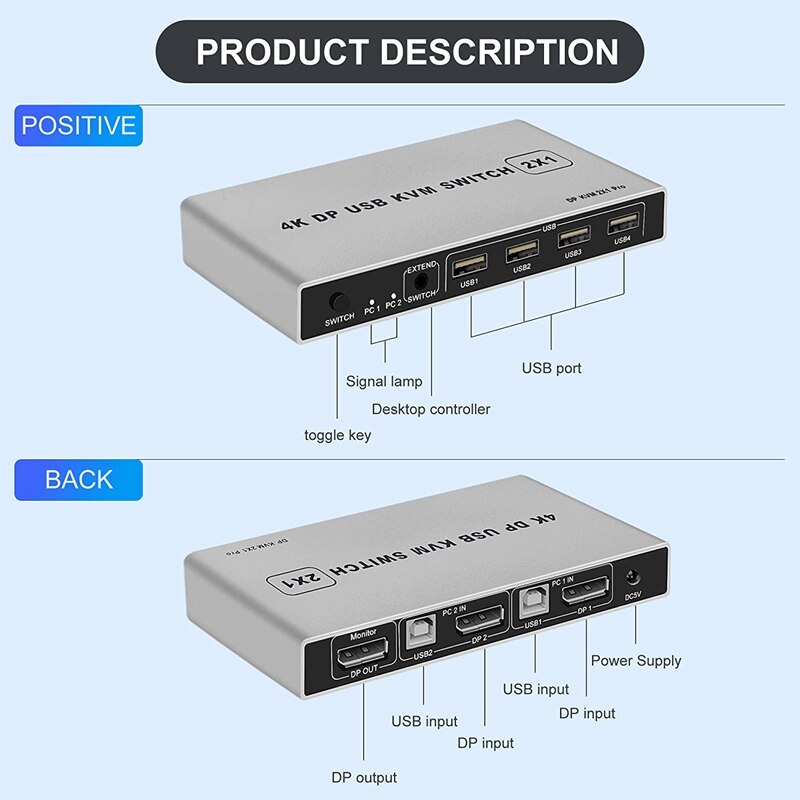 KVM Switch 2 Port 4K 60Hz USB and DP Switch for 2 Computers Share Keyboard Mouse Printer Monitor for Laptop,PC, HDTV