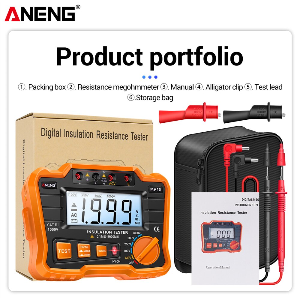 Aneng MH10 Digitale Megohmmeter Megger Meter Isolatie Aarde Ground Resistance 100-1000V Ohm Voltage Tester