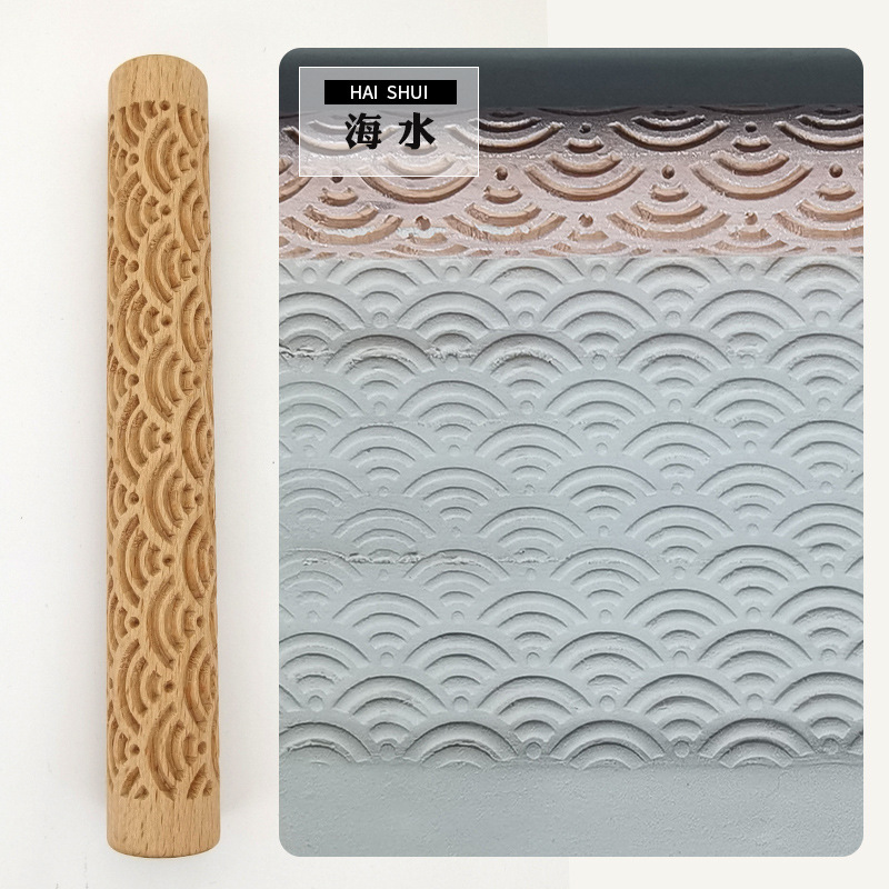 Pottery Art Wood Texture Roll Relief Tree Stone Flower Pattern Embossed Rod Mud Roll DIY Ceramic Sculpture Modeling Clay Tools: seawater