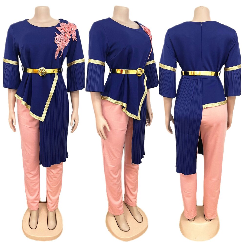 MD African Traditional Dashiki Two Piece Set Clothes Plus Size Women Pleated Irregular Tops Pants Suit Tenue Africaine Femme