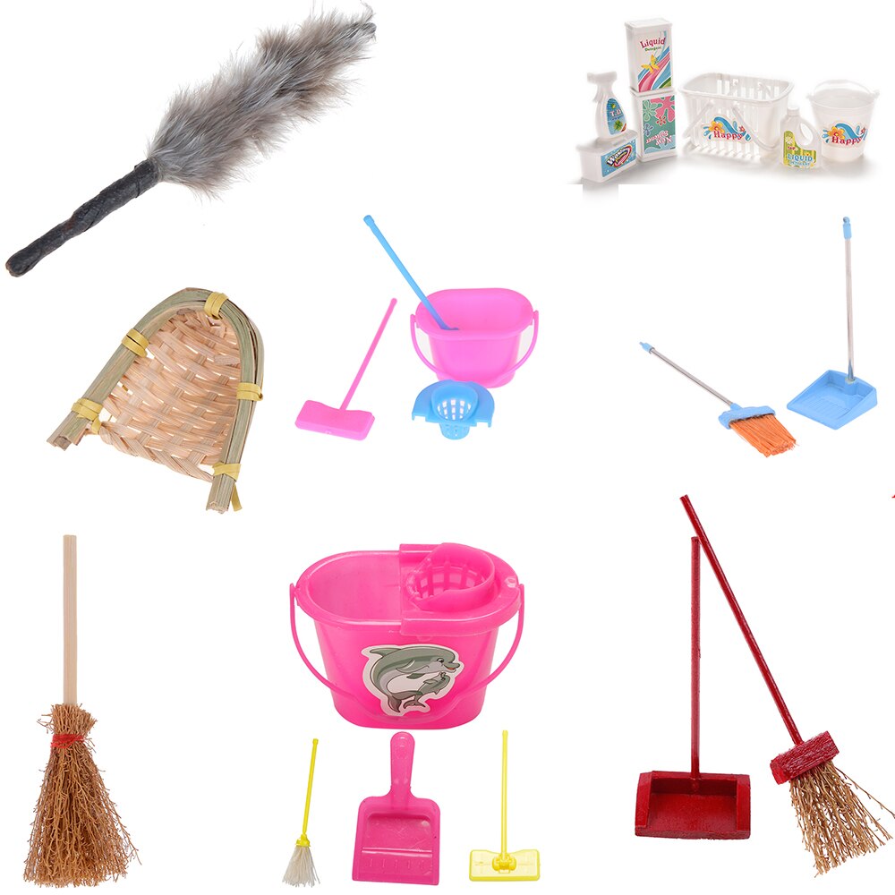 Stoffer Emmer Borstel Mop Huishoudelijk Schoonmaken Gereedschap voor Poppen 1/12 Schaal Miniatuur Baby Speelgoed Poppenhuis Tuin Accessoires