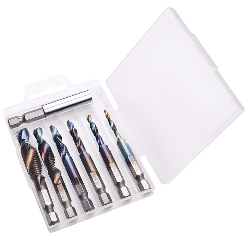 7pcs/set M3-M10 Hex Shank Blue Coated Screw Thread Metric Compound Tap Drill Bits with Extension Rod G8TB