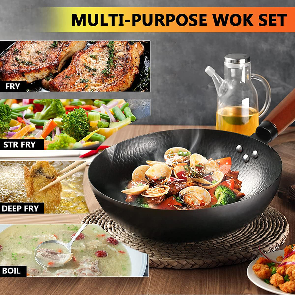 32cm wok-pande i kulstofstål, wok- og wokpander, uden kemikaliebelægning, fladbundet kinesisk wokpande til induktion, gaskomfurer, alle