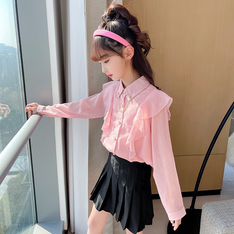 Girl Top Streetwear Shirt for Teen Pink Apricot Long Sleeve Blouse Kid Girls Clothes Size 6 8 10 12 14 Spring Autumn