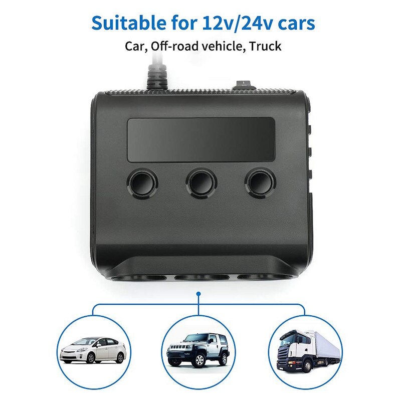 3-Sockets Sigarettenaansteker Splitter,100W 12V/24V Car Power Dc Outlet Adapter Met 3.6A 4 Usb Poorten Opladen Autolader