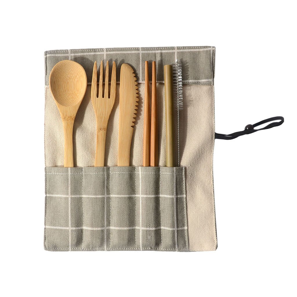 Herbruikbare Elegante Vintage Houten Bamboe Servies Bestek Zak Servies Lepel Vork Eetstokjes 7 Delige Set Draagbare Bestek Set: C