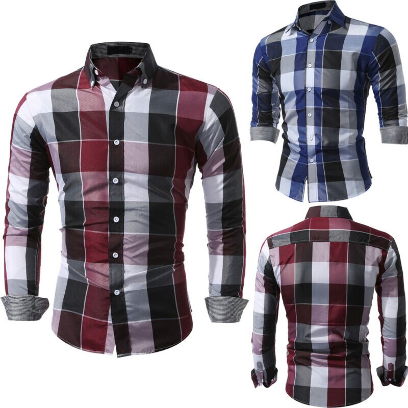 Men Slim Fit Shirts Long Sleeve Cotton Plaid Tee Shirts Casual Chemise Homme Mens Checkered Casual Handsome Men Blouse