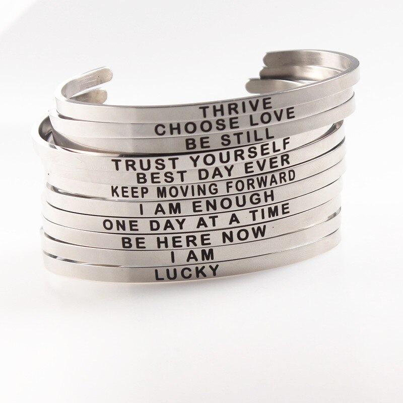 BE HERE NOW Stamped Stainless Steel Bangles Open Cuff Bracelets Women Men Mantra Bracelet Inspirational Jewelry No FADE