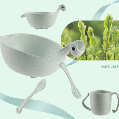 Ideacherry 5 stks/set Kinderen Baby Bamboe Servies Voeden Dinosaurus Gerechten Zuigeling Kom Plaat Kop Lepel Vork Servies voor: Green