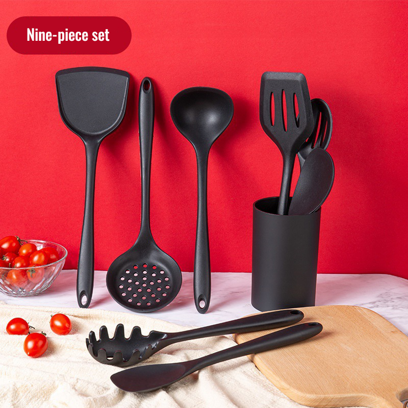 Black Silicone Kitchenware Set Utensils Cooking Tools Non-Stick Spatula Spoon Colander Baking Supplies Kinds Kitchen Tools: NJG009-9pcs