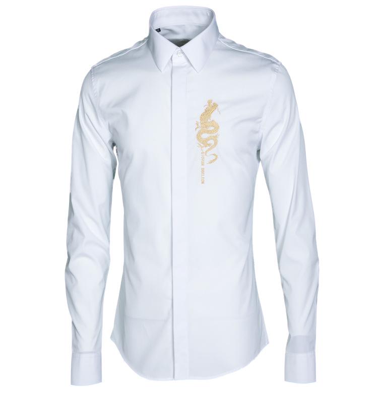 Heren overhemd chemise homme merk goud loong borduur overhemd heren casual lange mouw slim fit heren overhemden plus size 4xl: Wit / M