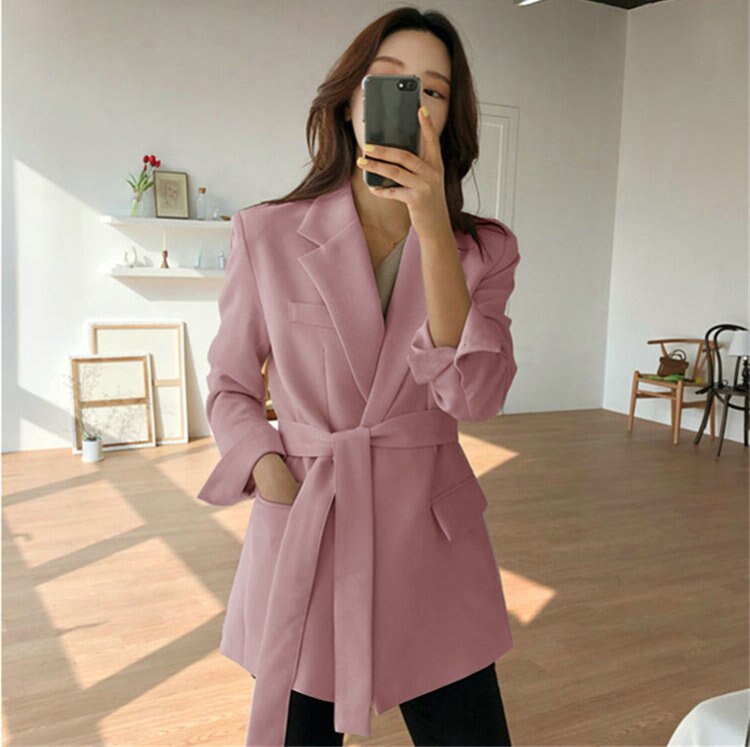 Blazer taille haute avec ceinture pour femme, vêtement d'extérieur, coupe cintrée, noir et Beige, à manches longues, pour le travail et le bureau, collection automne: Rose / M
