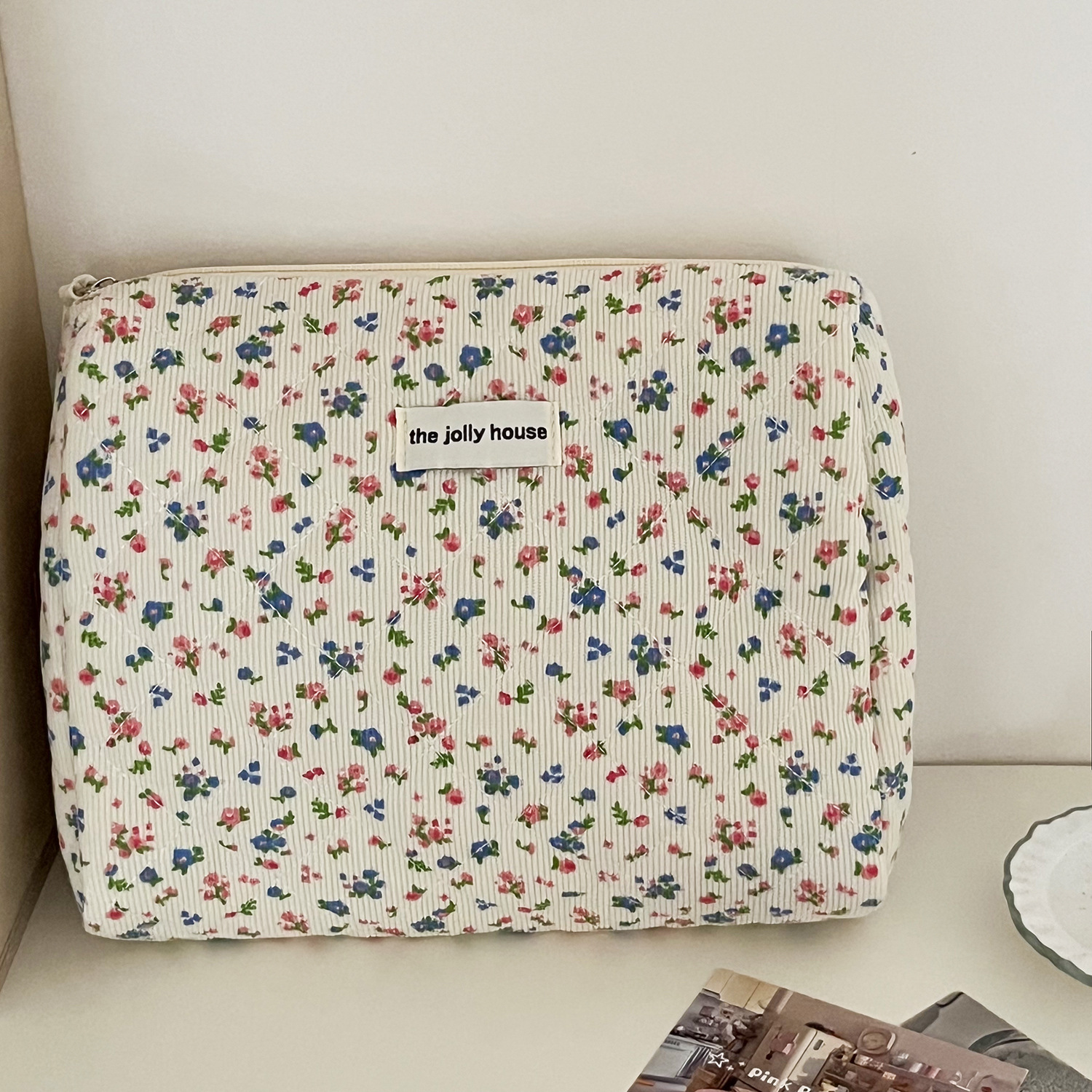 Lovely Floral Stitching Corduroy Cosmetic Bag For Storing Skin Care ltems Lipsticks Accessories Travel Necessity Birthday: light yellow
