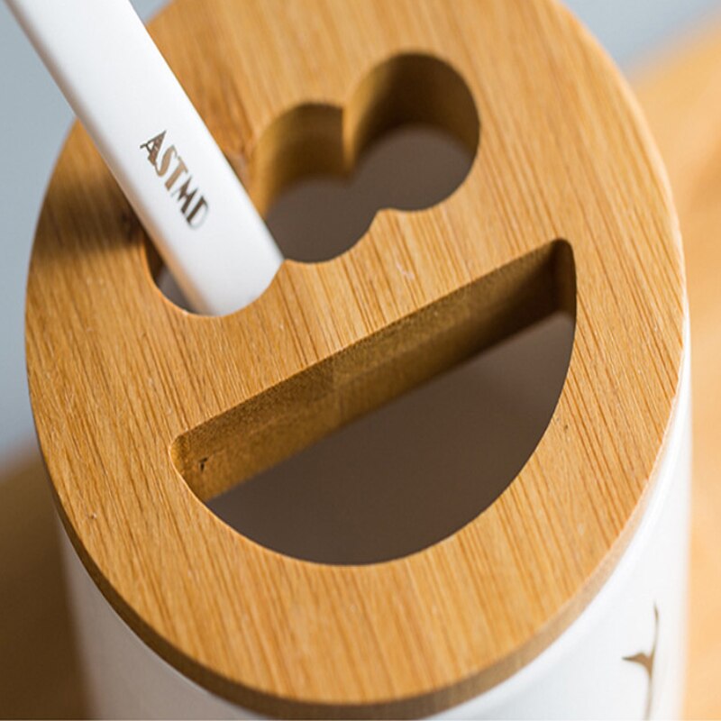 Multifunctionele Keramische Tandenborstelhouder Mond Cup Met Houten Lade Pen Case Badkamer Opslag Decoratie Accessoires Water Cup