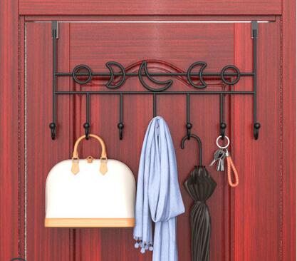7-Hook over door hanger Iron Art Bag Clothes Key Scarf Hanging Holder Bathroom Kitchen Home Back Door organizer: moon black