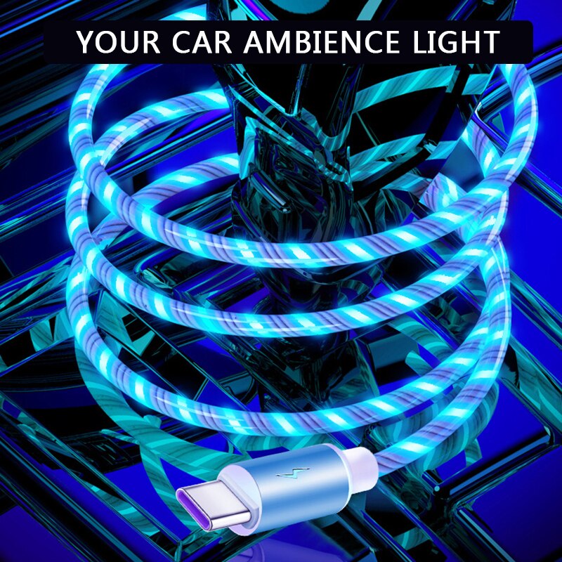 USB Phone Glowing Charging Cable Flow Light Cord Led Wire For Micro USB Type C Fast Charger For iPhone 12 Huawei Xiaomi Sumsung