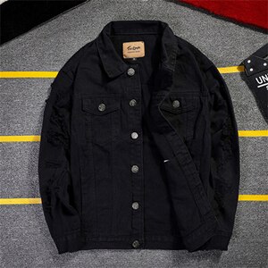 neue 5XL 4XL Rosa Zerrissene Denim Jacken Männer/Frauen Hüfte hüpfen Löcher lässig betrübt Streetwear Solide Männlich Jeans Jacke: B051 Schwarz / M