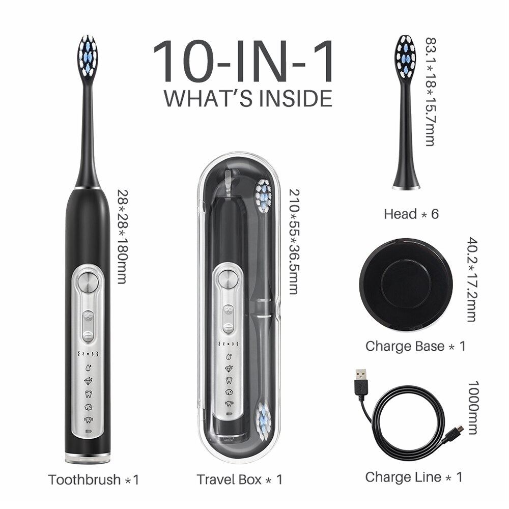Brosse à dents électrique Sonic pour femme, MUTTUS MTS3800 étui de voyage activer, 6 têtes de brosse, 5 Modes 15 expérience de brossage