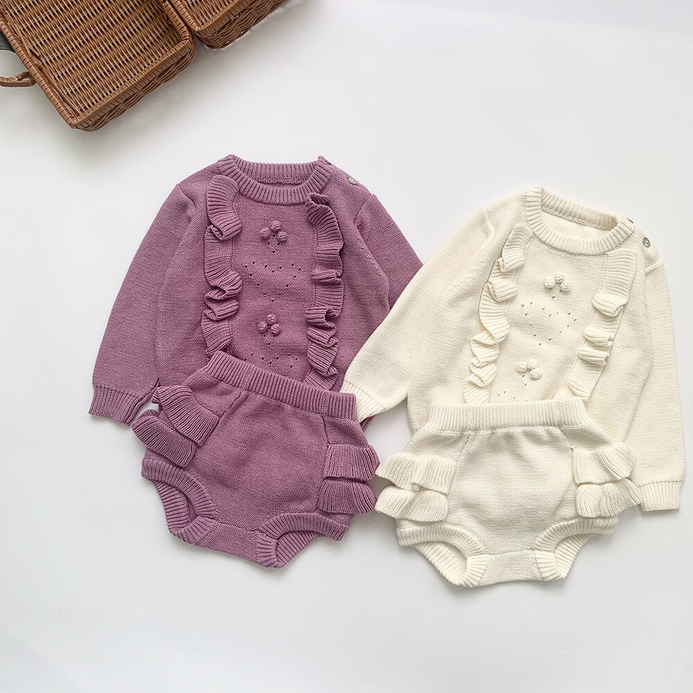 Baby flickor tröja stickad nyfödd baby kläder set volanger spädbarn jumpsuit småbarnströja med byxa för flicka pojke kläder set