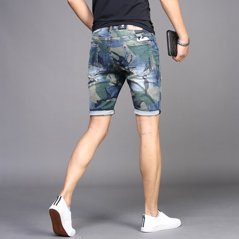 Shorts heren gescheurde denim camouflage jeans zomer dunne stretch rechte korte jeans streetwear knielange broek