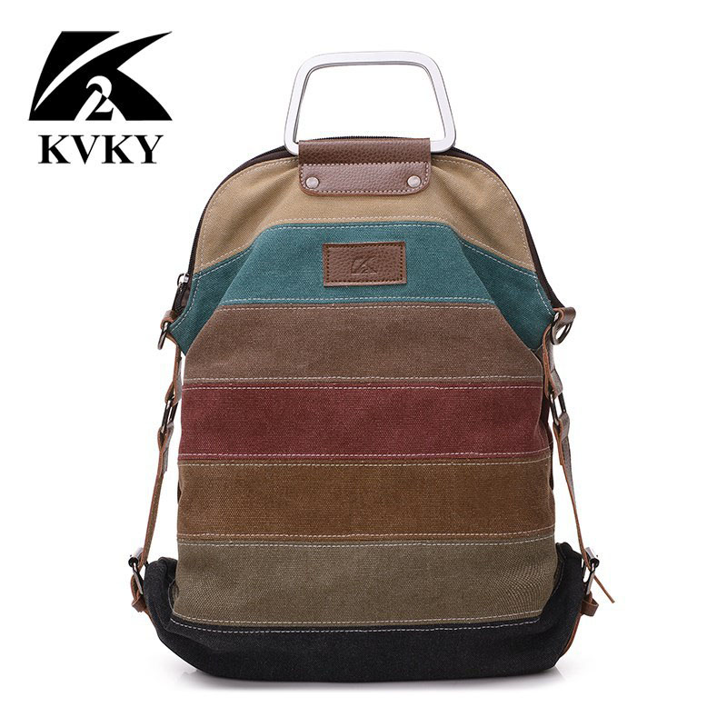 KVKY Ethnische Regenbogen frauen Leinwand Rucksack Damen Striped Multifunktions Patchwork Rucksack Umhängetasche Schulranzen Bolsas Mochila B842