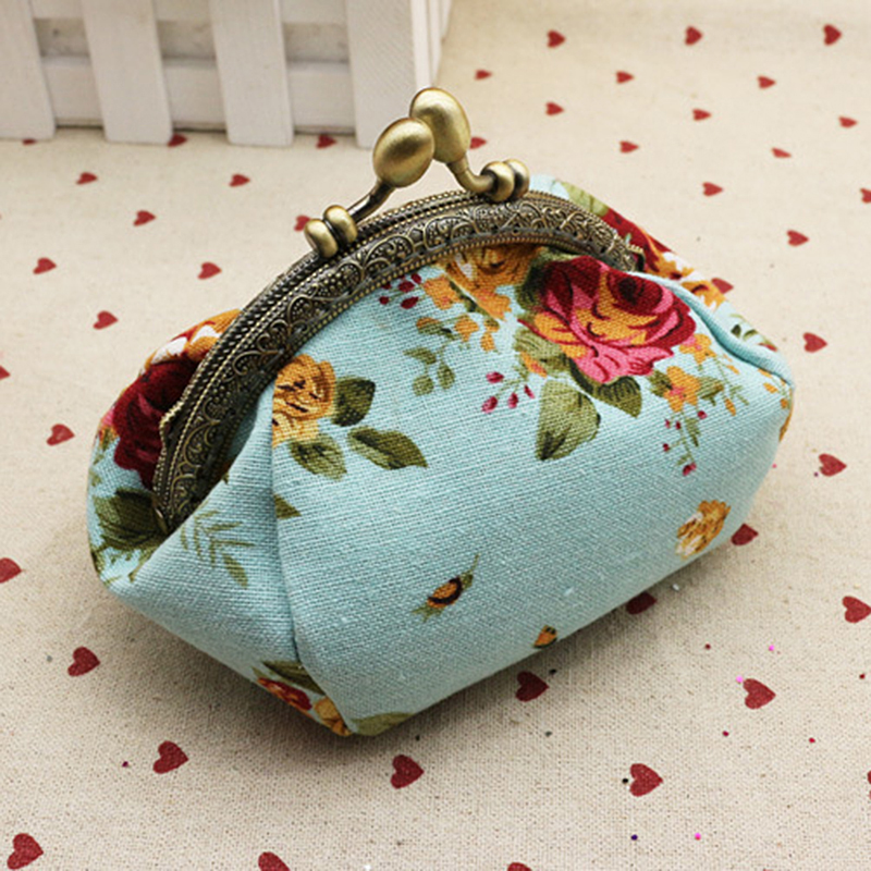 Women's vintage rose print canvas coin purse, kiss lock clip fabric purse card bag storage bag: Blue