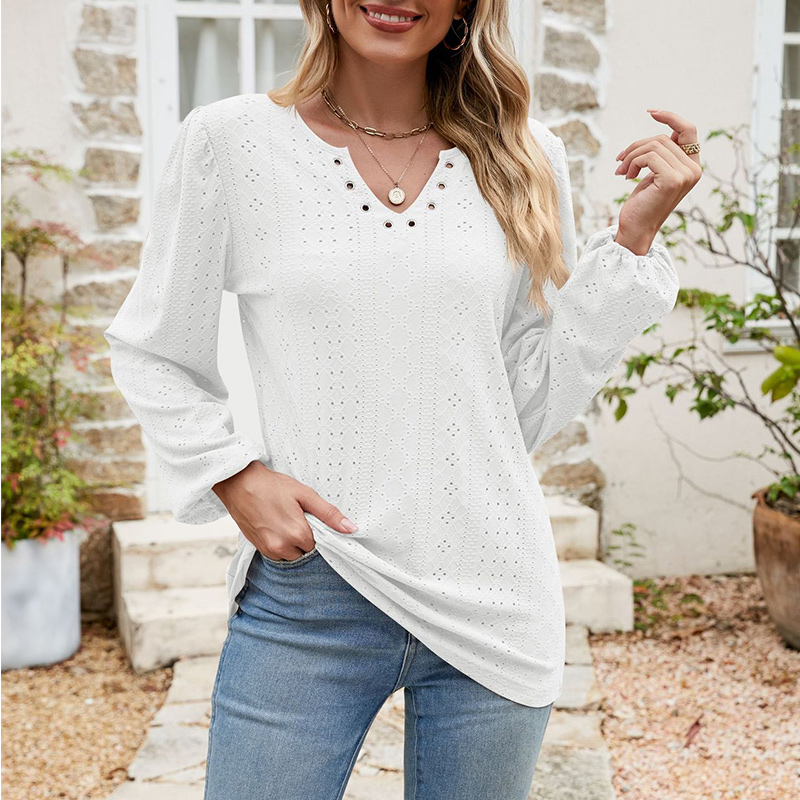 Toppe kvinder forår efterår pufærmer løs v-hals pullover ensfarvet udhulet blonde kontordame koreansk stil popularitet t-shirt: S / Hvid