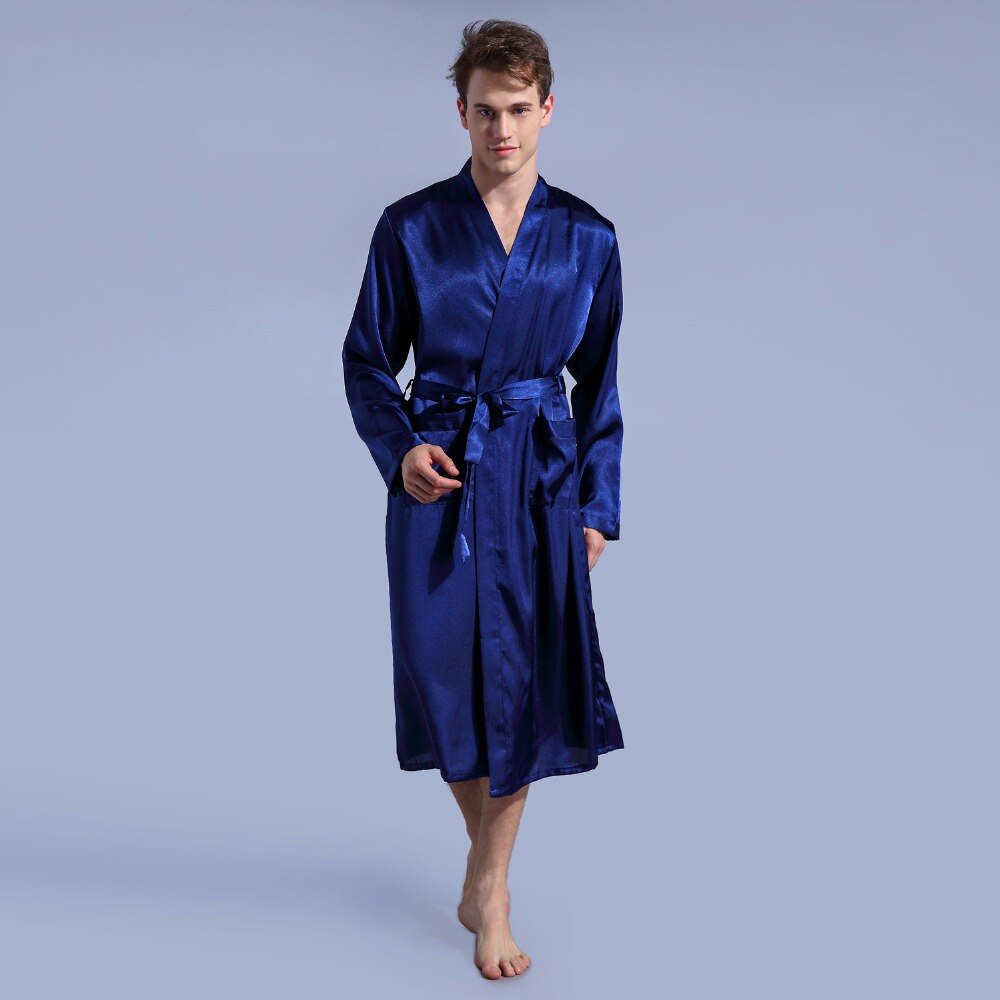 Marineblå badekåpe uformelt natttøy ночное платье pyjamas løs fritid herre nattøy rayon sateng kappe kjole fast kimono