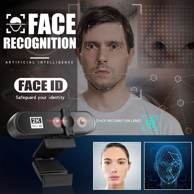 Video Conference Webcam 2K PC Web Camera with Face Recognition Dual Lens Autofocus HD Camera for Computer Live Broadcast