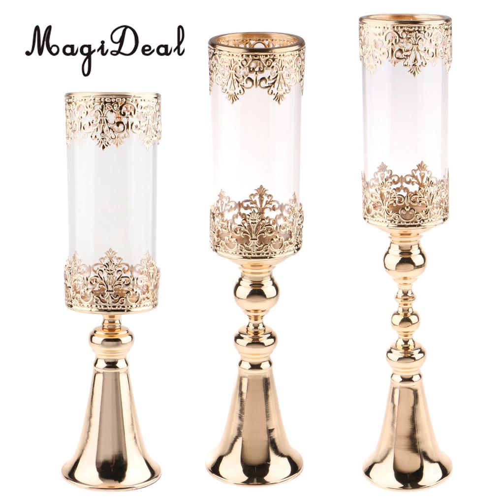 Antik guld metall piedestal ljusstake med glas blomma vas kristall draperad pelare stativ accent display prydnad