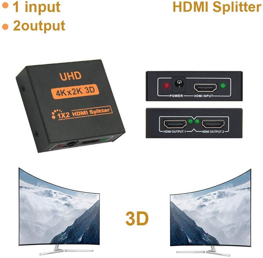HDMI Splitter,1 in 2 Out HDMI Splitter Ver 1.3 Certified, 1x2 HDMI Splitter, HDMI Switch Box, Full HD 4K 1080P & 3D Support