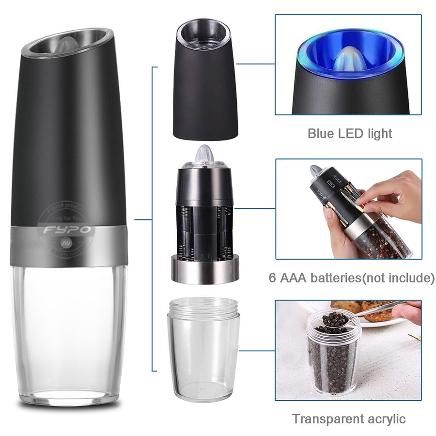 Fypo elektryczny młynek robić pieprzu solnego automatyczna solniczka ze stali nierdzewnej młynek robić pieprzu z regulowaną grubością narzędzie robić grillowania
