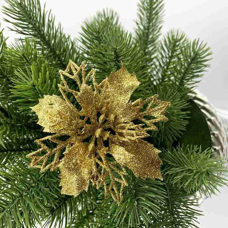 Kerst Glitter Bloem Decoratie Hollow Leaf Boom Opknoping Ornament Plastic Grote Bloem Krans Voor Xmas Party Hoofddeksels Goud Rood