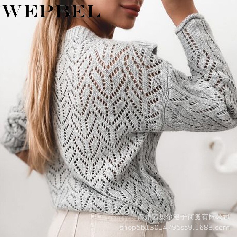 WEPBEL – pull tricoté à volants pour femme, , ajouré, manches longues, col rond, automne hiver