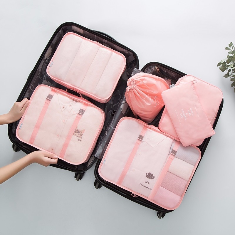 6Pcs Polyester Clothes Organizer Bag Set Travel Organizer For Shoe Clothing Organizador Cube Packing Package Travel Accessories: Pink