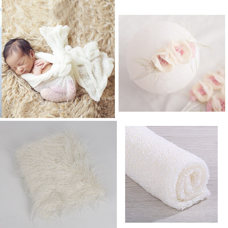 3 Stck neugeboren Fotografie Requisiten Outfits Baby strecken wickeln Swaddle lang Haar Decken Teppich Foto Matte mit Stirnbänder Pro Kleinkind: Weiß