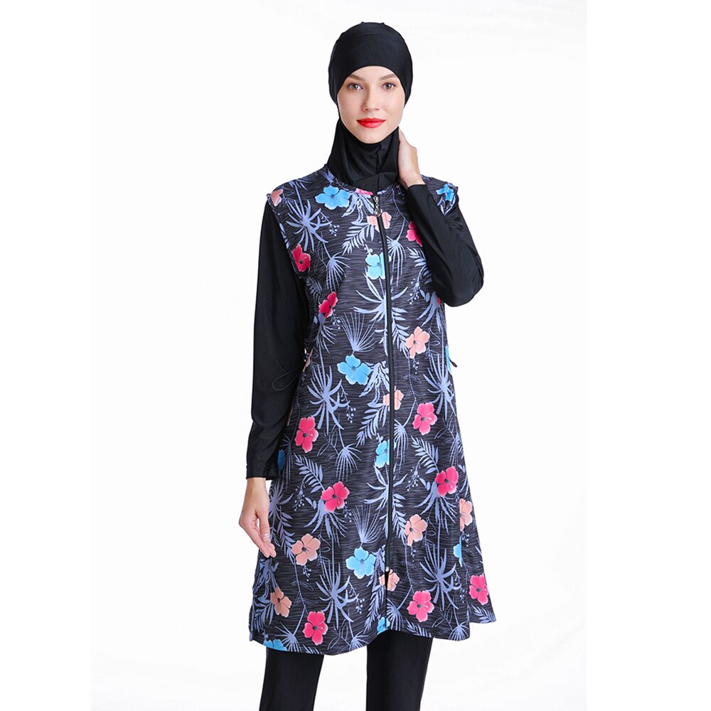 HAOFAN costumi da bagno musulmani da donna costumi da bagno a copertura lunga con stampa floreale floreale Hijab Burkinis islamico costumi da bagno nuoto costume da bagno 3XL