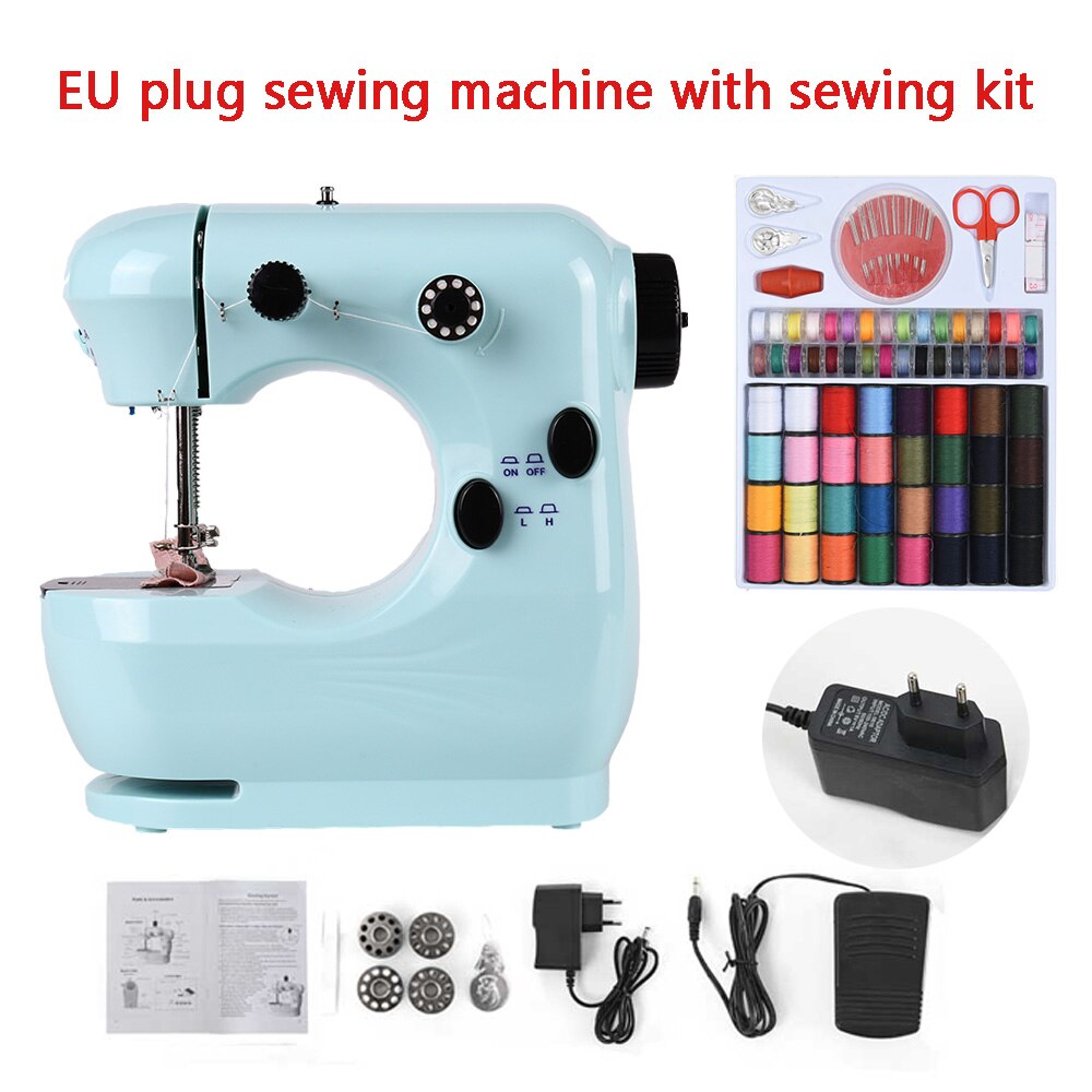 Sewing Machine Mini Portable Household Small With Night Light Pedal Electric Set Multifunctional Handicraft Repair Beginner Blue: EU plug with kit