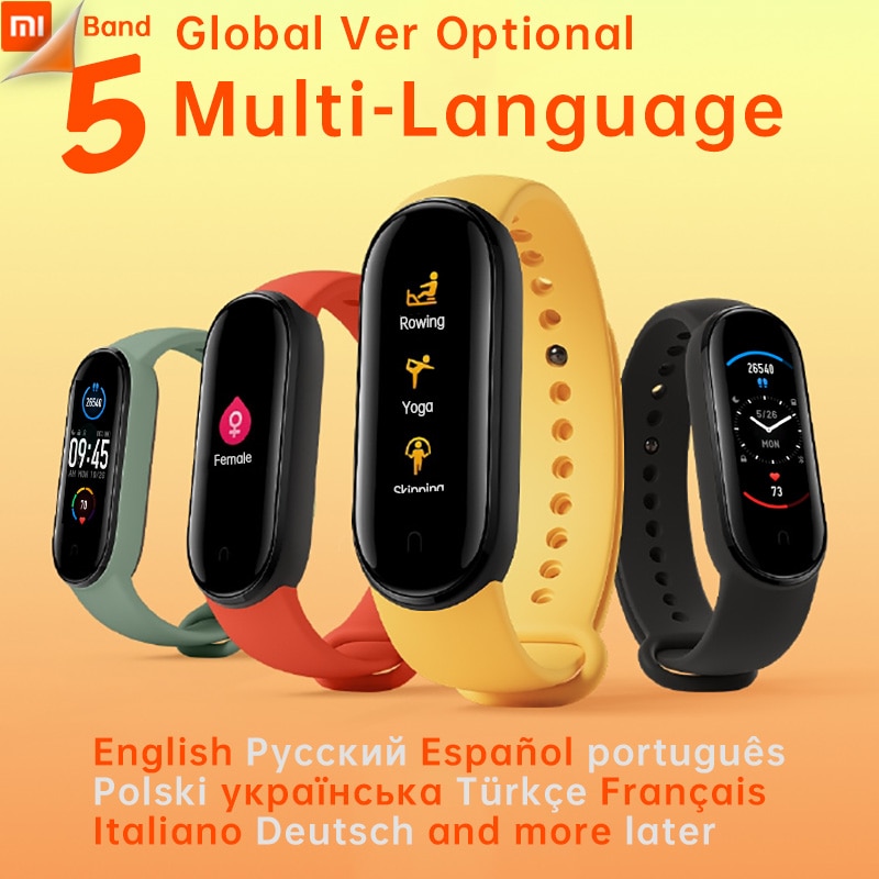 Xiaomi-Pulsera Mi Band 5 de fitness, reloj con monitor deportivo del ritmo cardíaco las 24 horas, carga magnética, sueño REM, siesta, pasos, natación, alarma de recordatorio,