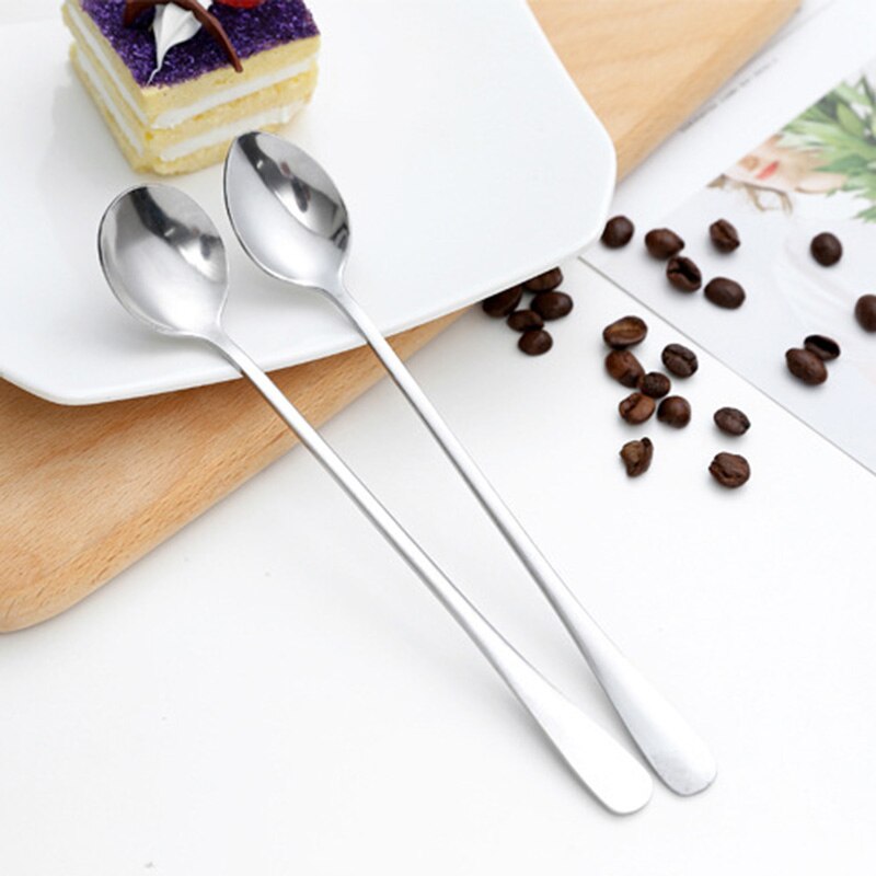 Koreaanse Stijl Roestvrij Staal Lange Steel Koffielepel Eenvoudige Roeren Lepel Creatieve Ijs Dessert Theelepel Ronde Sharp 1Pc