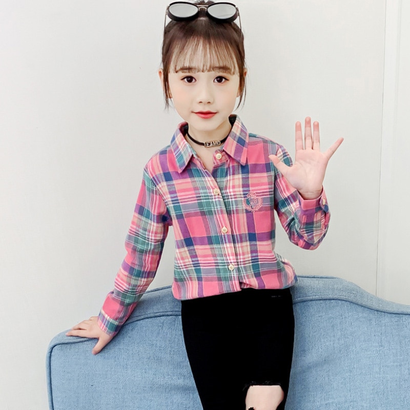 Geruite blouse voor meisjes kinderblouse lange mouw lente casual tiener tops omslagkraag katoenen kindershirts