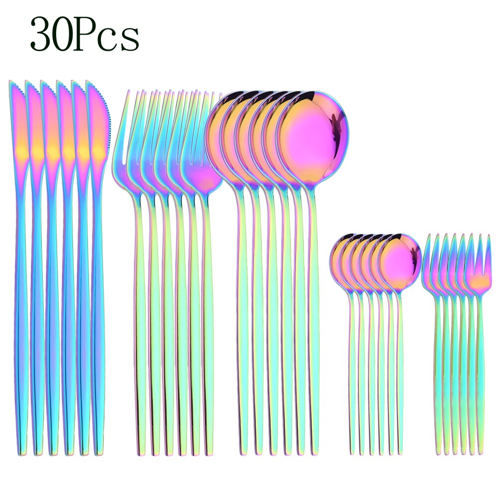 24pcs Cutlery Set Blue Silver Dinnerware Set Stainless Steel Silverware Knife Fork Spoon Tableware Flatware Set Dishwasher Safe: Rainbow