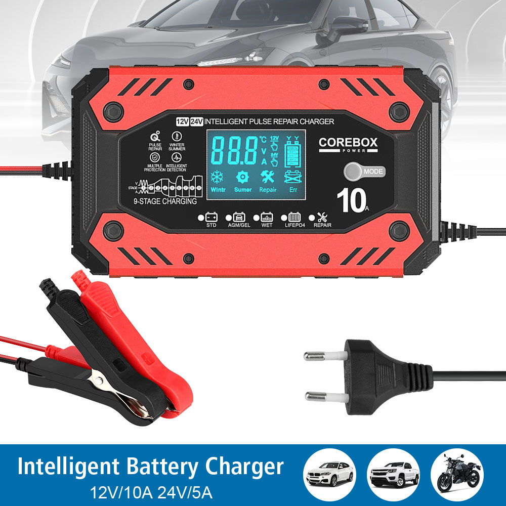 AGM chargeur de batterie automobile 12V 10A dispositifs de charge de batterie de voiture et de moto entretien Intelligent de la batterie au plomb