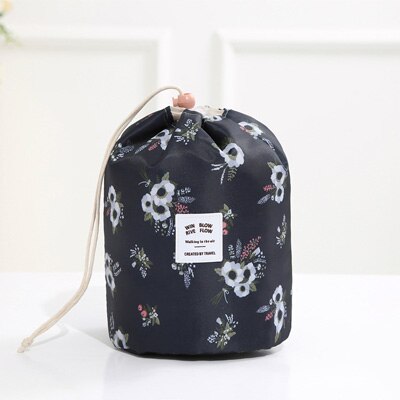 Women's Cosmetic Bag Color Cylinder Drawstring Waterproof Travel Cosmetic Bag Large Capacity Beauty Makeup Storage Toiletry Kit: Black flowers