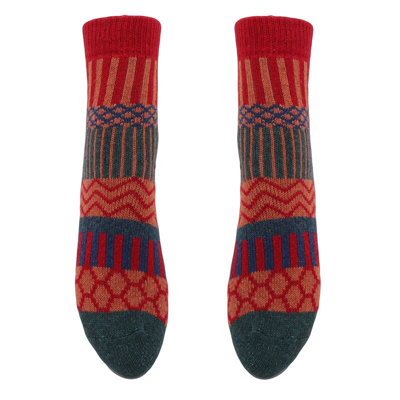 Kontrastfargesokker vinter 5 par etnisk stil kvinners geometriske mønster vintage tykkere varme harajuku skateboardstrømper: Rød