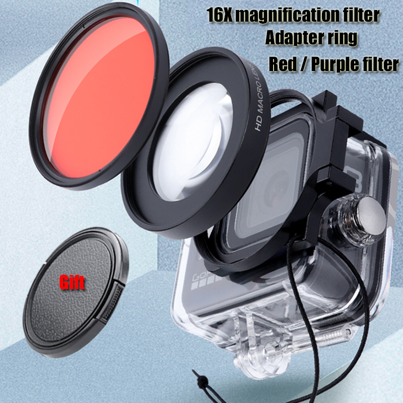 16X Macro Filter for Gopro 10/9/8 Black Original Waterproof Case Diving Red Purple Filter +Adapter Ring+Lens Cap for Gopro 10/9