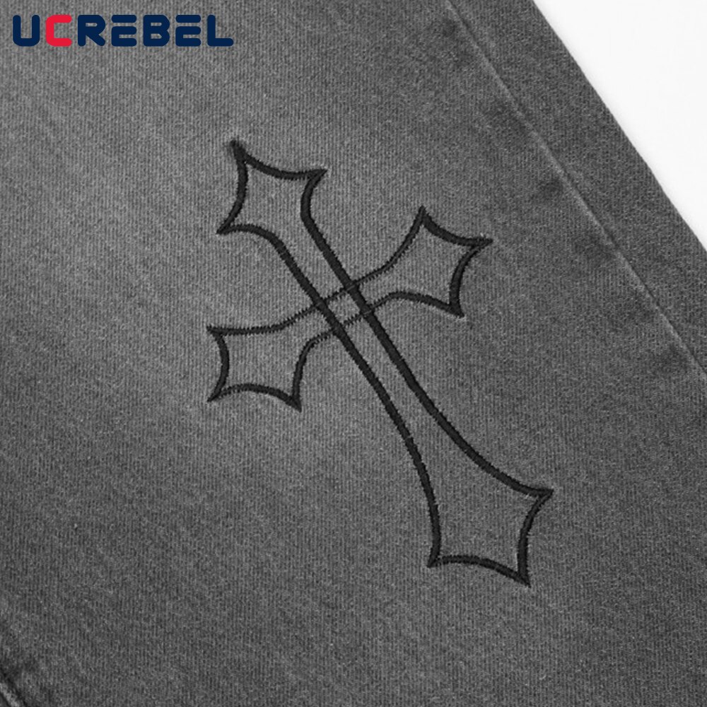 Pantalones vaqueros con bordado de letras cruzadas para hombre, pantalón informal desgastado de cintura elástica a la , ropa de calle, pantalones sueltos de pierna recta