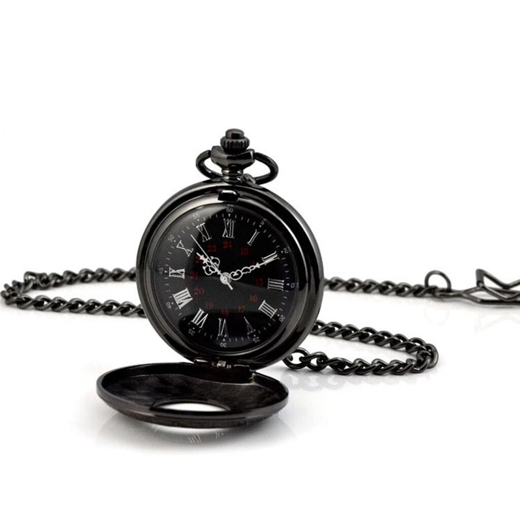 Unisex retro klassiek quartz zakhorloge ketting romeinse cijfers zwart