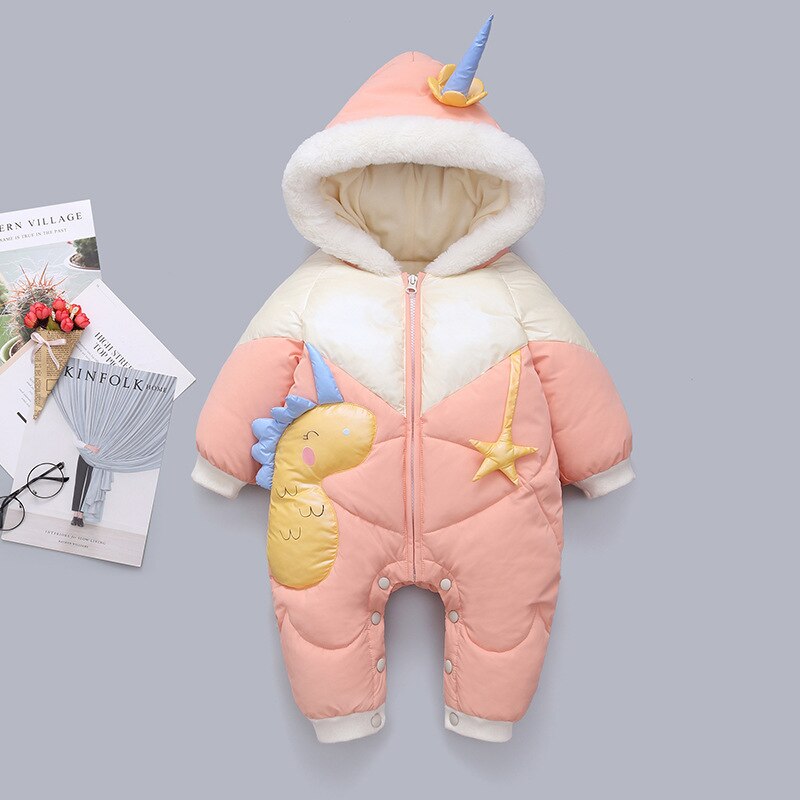 Geboren Fluwelen Winter Baby Kleding Meisje Romper Cartoon Dinosaurus Jongen Hooded Down Overall Kid Jas Peuter Jumpsuit Snowsuit