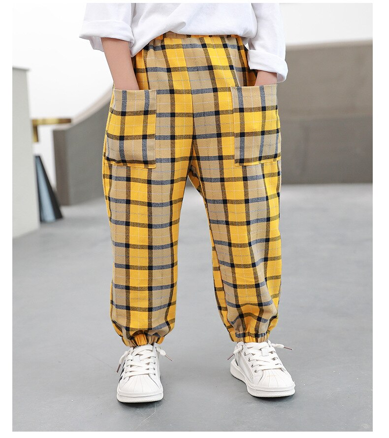 Tienerjongens broek herfst casual sport losse retro kinderen jongens geruite broek student kinderen broeken 6 8 10 12 jaar: Geel / 13
